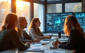 In einem hell erleuchteten, modernen Büro sitzen mehrere facettenreiche Expert:innen unterschiedlicher Altersgruppen und Herkunft konzentriert zusammen vor digitalen Bildschirmen, die komplexe, aber klare Datenvisualisierungen zeigen, während durch große Fenster warmes Tageslicht hereinströmt und eine Atmosphäre von Vertrauen, Zusammenarbeit und zukunftsweisender Transparenz vermittelt wird.