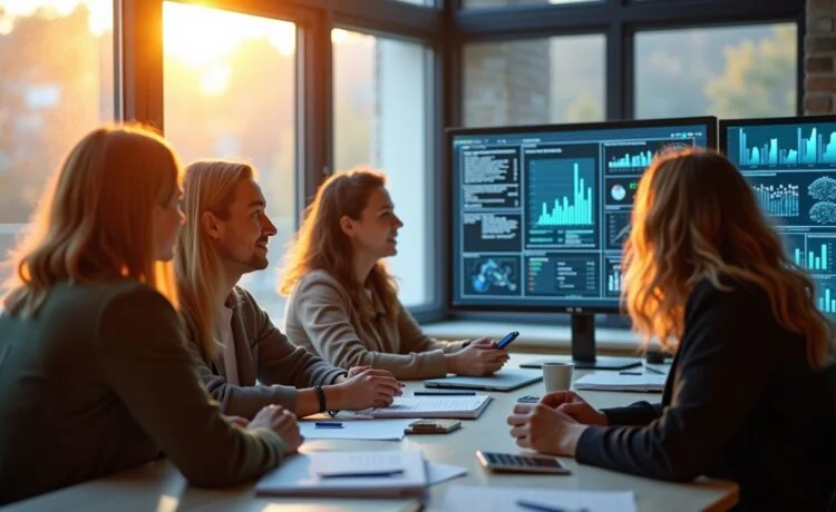 In einem hell erleuchteten, modernen Büro sitzen mehrere facettenreiche Expert:innen unterschiedlicher Altersgruppen und Herkunft konzentriert zusammen vor digitalen Bildschirmen, die komplexe, aber klare Datenvisualisierungen zeigen, während durch große Fenster warmes Tageslicht hereinströmt und eine Atmosphäre von Vertrauen, Zusammenarbeit und zukunftsweisender Transparenz vermittelt wird.