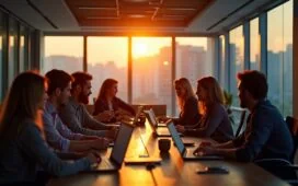 Eine helle, einladende Szene in einem modernen Büro, in der diverse Entwickler und Experten bei natürlichem Tageslicht angeregt an Laptops und Tablets über digitale Lösungen diskutieren, während warme Sonnenstrahlen sanft durch großflächige Fenster fallen und eine Atmosphäre von Zusammenarbeit und technologischem Aufbruch schaffen.