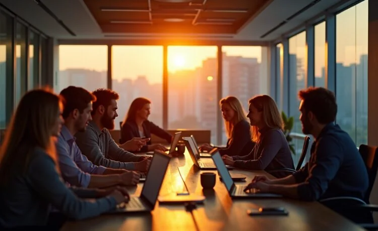 Eine helle, einladende Szene in einem modernen Büro, in der diverse Entwickler und Experten bei natürlichem Tageslicht angeregt an Laptops und Tablets über digitale Lösungen diskutieren, während warme Sonnenstrahlen sanft durch großflächige Fenster fallen und eine Atmosphäre von Zusammenarbeit und technologischem Aufbruch schaffen.