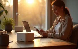 Ein hell erleuchteter, moderner Wohnzimmer-Arbeitsplatz mit einer Fritzbox und mehreren smarten Geräten harmonisch platziert, warmes Tageslicht fällt sanft durch große Fenster, während eine entspannte Person mit einem Tablet in der Hand zufrieden die neuen Funktionen ihres Heimnetzwerks steuert – einladende Atmosphäre voller Fortschritt und digitaler Vernetzung.