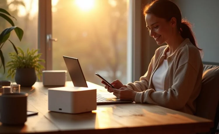 Ein hell erleuchteter, moderner Wohnzimmer-Arbeitsplatz mit einer Fritzbox und mehreren smarten Geräten harmonisch platziert, warmes Tageslicht fällt sanft durch große Fenster, während eine entspannte Person mit einem Tablet in der Hand zufrieden die neuen Funktionen ihres Heimnetzwerks steuert – einladende Atmosphäre voller Fortschritt und digitaler Vernetzung.