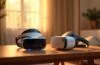Ein warm ausgeleuchtetes, realistisches Redaktionsfoto zeigt zwei moderne Mixed-Reality-Headsets nebeneinander auf einem eleganten Holztisch, umgeben von sanft gebündeltem Tageslicht in einem hellen, freundlichen Technologie-Showroom, das kraftvolle Duell der Innovation zwischen Samsung Galaxy XR und Apple Vision Pro spürbar in der Atmosphäre.