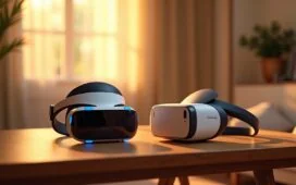 Ein warm ausgeleuchtetes, realistisches Redaktionsfoto zeigt zwei moderne Mixed-Reality-Headsets nebeneinander auf einem eleganten Holztisch, umgeben von sanft gebündeltem Tageslicht in einem hellen, freundlichen Technologie-Showroom, das kraftvolle Duell der Innovation zwischen Samsung Galaxy XR und Apple Vision Pro spürbar in der Atmosphäre.