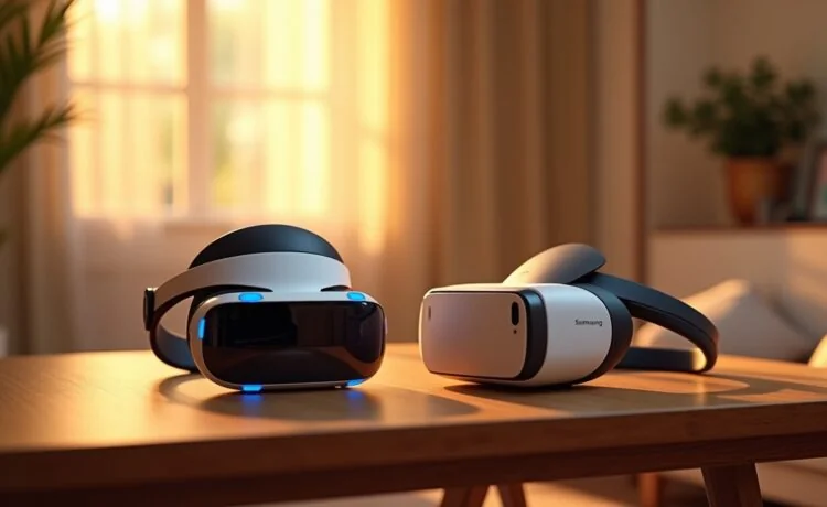 Ein warm ausgeleuchtetes, realistisches Redaktionsfoto zeigt zwei moderne Mixed-Reality-Headsets nebeneinander auf einem eleganten Holztisch, umgeben von sanft gebündeltem Tageslicht in einem hellen, freundlichen Technologie-Showroom, das kraftvolle Duell der Innovation zwischen Samsung Galaxy XR und Apple Vision Pro spürbar in der Atmosphäre.