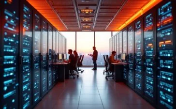 Ein strahlender, moderner Serverraum mit warmem Tageslicht durch große Panoramafenster, in dem ein Team motivierter IT-Experten in entspannter Atmosphäre an vernetzten Bildschirmen arbeitet, umgeben von glänzender Hightech-Hardware und pulsierenden Kabeln, die die dynamische Zukunft des Game-Hostings und den innovativen Ausbau von Host Unlimited eindrucksvoll widerspiegeln.