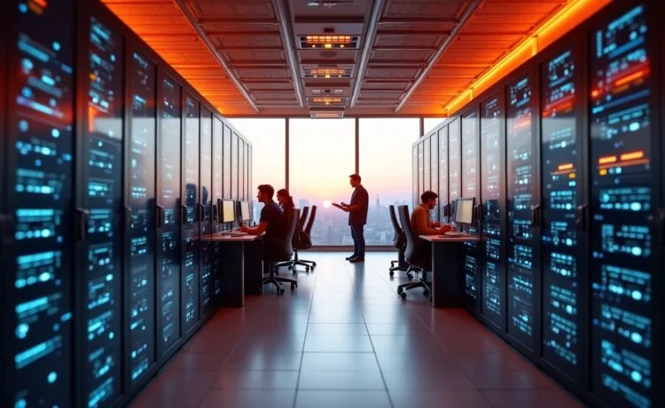 Ein strahlender, moderner Serverraum mit warmem Tageslicht durch große Panoramafenster, in dem ein Team motivierter IT-Experten in entspannter Atmosphäre an vernetzten Bildschirmen arbeitet, umgeben von glänzender Hightech-Hardware und pulsierenden Kabeln, die die dynamische Zukunft des Game-Hostings und den innovativen Ausbau von Host Unlimited eindrucksvoll widerspiegeln.