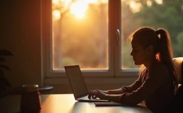 Eine helle, einladende Büroszene bei Tageslicht mit einer konzentrierten Person, die aufmerksam eine E-Mail auf dem Laptop prüft, während warme Sonnenstrahlen den Raum sanft erhellen und eine Atmosphäre von Achtsamkeit und digitaler Vorsicht vermitteln.