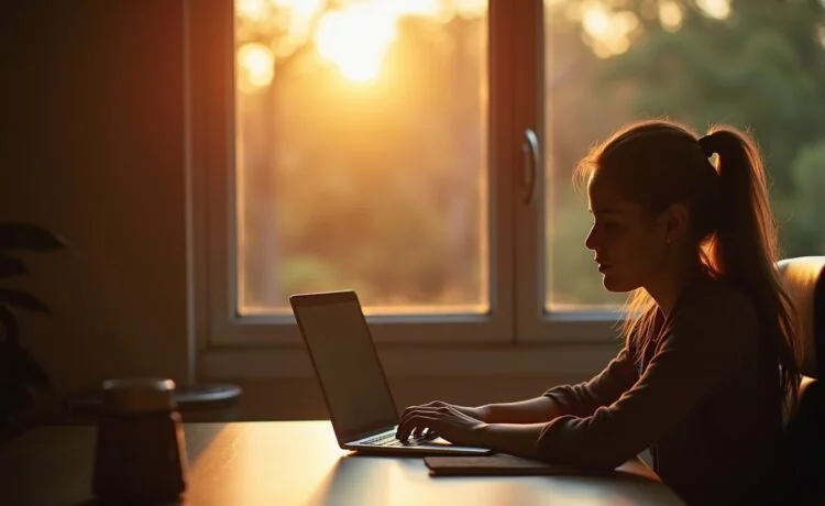 Eine helle, einladende Büroszene bei Tageslicht mit einer konzentrierten Person, die aufmerksam eine E-Mail auf dem Laptop prüft, während warme Sonnenstrahlen den Raum sanft erhellen und eine Atmosphäre von Achtsamkeit und digitaler Vorsicht vermitteln.