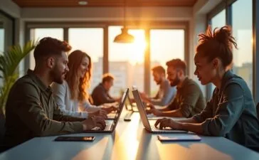 Ein inspirierendes, natürlich beleuchtetes Büro mit motivierten Fachleuten unterschiedlicher Herkunft, die in einer hellen, offenen Arbeitsumgebung um einen Tisch mit modernen Laptops und Tablets versammelt sind und konzentriert in eine innovative KI-gestützte Softwarelösung eintauchen, während warme Sonnenstrahlen durch große Fenster strömen und eine freundliche, zukunftsorientierte Atmosphäre schaffen.