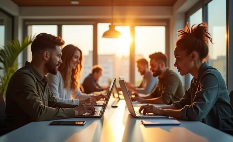 Ein inspirierendes, natürlich beleuchtetes Büro mit motivierten Fachleuten unterschiedlicher Herkunft, die in einer hellen, offenen Arbeitsumgebung um einen Tisch mit modernen Laptops und Tablets versammelt sind und konzentriert in eine innovative KI-gestützte Softwarelösung eintauchen, während warme Sonnenstrahlen durch große Fenster strömen und eine freundliche, zukunftsorientierte Atmosphäre schaffen.