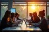 Ein hell erleuchteter, moderner Arbeitsplatz mit konzentrierten Menschen, die zusammen am Laptop sitzen und aufmerksam digitale Netzwerke analysieren, während warmes Tageslicht durch große Fenster strömt und eine Atmosphäre von gemeinsamer Wachsamkeit und Hoffnung schafft.