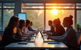 Ein hell erleuchteter, moderner Arbeitsplatz mit konzentrierten Menschen, die zusammen am Laptop sitzen und aufmerksam digitale Netzwerke analysieren, während warmes Tageslicht durch große Fenster strömt und eine Atmosphäre von gemeinsamer Wachsamkeit und Hoffnung schafft.