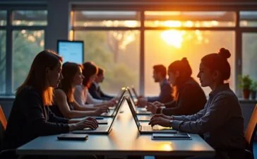 Ein hell erleuchteter, moderner Arbeitsplatz mit konzentrierten Menschen, die zusammen am Laptop sitzen und aufmerksam digitale Netzwerke analysieren, während warmes Tageslicht durch große Fenster strömt und eine Atmosphäre von gemeinsamer Wachsamkeit und Hoffnung schafft.