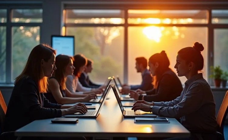 Ein hell erleuchteter, moderner Arbeitsplatz mit konzentrierten Menschen, die zusammen am Laptop sitzen und aufmerksam digitale Netzwerke analysieren, während warmes Tageslicht durch große Fenster strömt und eine Atmosphäre von gemeinsamer Wachsamkeit und Hoffnung schafft.