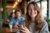 Ein natürlich beleuchtetes, freundliches Portrait einer jungen Person mit Smartphone in der Hand, die entspannt lächelnd in einem hellen, modernen Café sitzt – und so den diskreten Umgang mit digitaler Privatsphäre und den neuen Inkognito-Modus der Google-App symbolisiert.