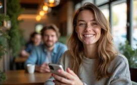 Ein natürlich beleuchtetes, freundliches Portrait einer jungen Person mit Smartphone in der Hand, die entspannt lächelnd in einem hellen, modernen Café sitzt – und so den diskreten Umgang mit digitaler Privatsphäre und den neuen Inkognito-Modus der Google-App symbolisiert.