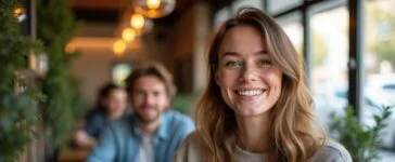 Ein natürlich beleuchtetes, freundliches Portrait einer jungen Person mit Smartphone in der Hand, die entspannt lächelnd in einem hellen, modernen Café sitzt – und so den diskreten Umgang mit digitaler Privatsphäre und den neuen Inkognito-Modus der Google-App symbolisiert.