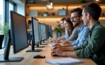 Ein modernes Büro mit einem lächelnden, vielfältigen Team in heller, freundlicher Atmosphäre, das an Bildschirmen mit KI-unterstützten Tools arbeitet und so die nahtlose Integration von Google Gemini Enterprise in den Arbeitsalltag spürbar macht.