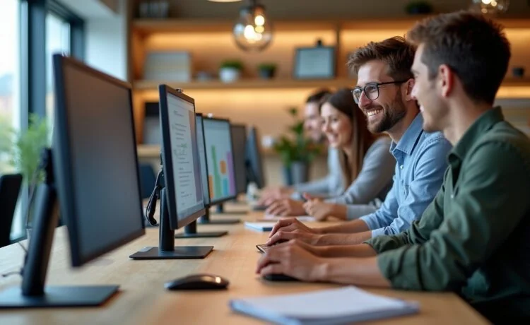 Ein modernes Büro mit einem lächelnden, vielfältigen Team in heller, freundlicher Atmosphäre, das an Bildschirmen mit KI-unterstützten Tools arbeitet und so die nahtlose Integration von Google Gemini Enterprise in den Arbeitsalltag spürbar macht.