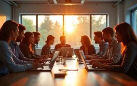 Ein heller, einladender Konferenzraum mit einem lächelnden, vielfältigen Team, das konzentriert an Laptops und Tablets arbeitet, während warmes Tageslicht durch große Fenster strömt und die kreative Atmosphäre eines modernen Büros voller digitaler Zusammenarbeit und innovativer KI-Tools lebendig werden lässt.