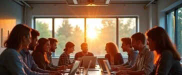Ein heller, einladender Konferenzraum mit einem lächelnden, vielfältigen Team, das konzentriert an Laptops und Tablets arbeitet, während warmes Tageslicht durch große Fenster strömt und die kreative Atmosphäre eines modernen Büros voller digitaler Zusammenarbeit und innovativer KI-Tools lebendig werden lässt.