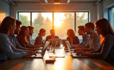 Ein heller, einladender Konferenzraum mit einem lächelnden, vielfältigen Team, das konzentriert an Laptops und Tablets arbeitet, während warmes Tageslicht durch große Fenster strömt und die kreative Atmosphäre eines modernen Büros voller digitaler Zusammenarbeit und innovativer KI-Tools lebendig werden lässt.