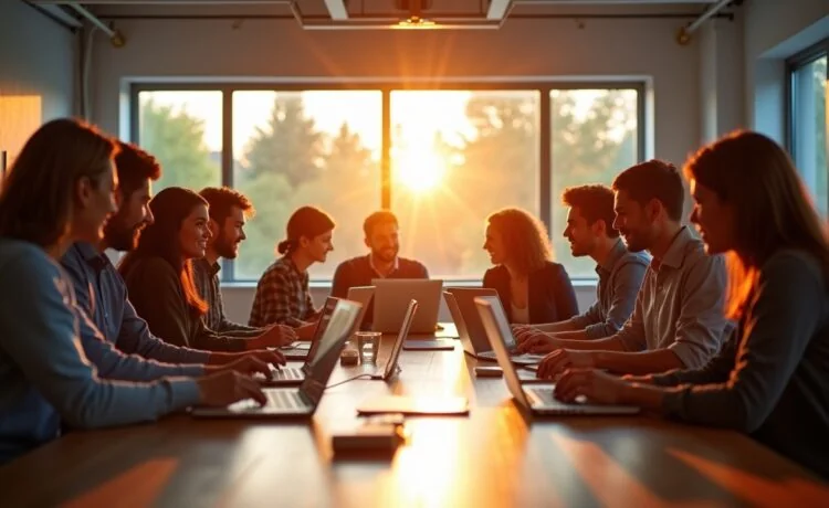 Ein heller, einladender Konferenzraum mit einem lächelnden, vielfältigen Team, das konzentriert an Laptops und Tablets arbeitet, während warmes Tageslicht durch große Fenster strömt und die kreative Atmosphäre eines modernen Büros voller digitaler Zusammenarbeit und innovativer KI-Tools lebendig werden lässt.