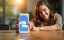 Ein helles, freundliches Smartphone-Display zeigt eine benutzerfreundliche Nachrichten-App in modernem Design, umgeben von natürlichem Tageslicht auf einem gemütlichen Holztisch, während eine junge Person mit einem warmen, nachdenklichen Lächeln im Hintergrund die Sicherheit und smarte KI-gestützte Videoanalyse von Google Messages erlebt.