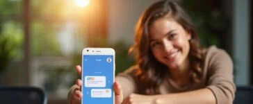 Ein helles, freundliches Smartphone-Display zeigt eine benutzerfreundliche Nachrichten-App in modernem Design, umgeben von natürlichem Tageslicht auf einem gemütlichen Holztisch, während eine junge Person mit einem warmen, nachdenklichen Lächeln im Hintergrund die Sicherheit und smarte KI-gestützte Videoanalyse von Google Messages erlebt.