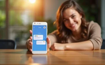 Ein helles, freundliches Smartphone-Display zeigt eine benutzerfreundliche Nachrichten-App in modernem Design, umgeben von natürlichem Tageslicht auf einem gemütlichen Holztisch, während eine junge Person mit einem warmen, nachdenklichen Lächeln im Hintergrund die Sicherheit und smarte KI-gestützte Videoanalyse von Google Messages erlebt.