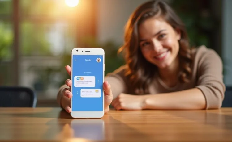 Ein helles, freundliches Smartphone-Display zeigt eine benutzerfreundliche Nachrichten-App in modernem Design, umgeben von natürlichem Tageslicht auf einem gemütlichen Holztisch, während eine junge Person mit einem warmen, nachdenklichen Lächeln im Hintergrund die Sicherheit und smarte KI-gestützte Videoanalyse von Google Messages erlebt.