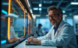 Ein strahlend helles, natürlich beleuchtetes Foto eines modernen Forschungsraums mit einem lächelnden Wissenschaftler, der konzentriert vor einem futuristischen Quantum-Computer arbeitet, umgeben von warmen Holztönen und klaren technischen Details, das eine optimistische Zukunftsperspektive im Quantencomputing vermittelt.