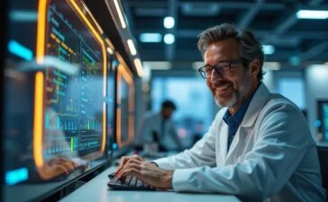 Ein strahlend helles, natürlich beleuchtetes Foto eines modernen Forschungsraums mit einem lächelnden Wissenschaftler, der konzentriert vor einem futuristischen Quantum-Computer arbeitet, umgeben von warmen Holztönen und klaren technischen Details, das eine optimistische Zukunftsperspektive im Quantencomputing vermittelt.