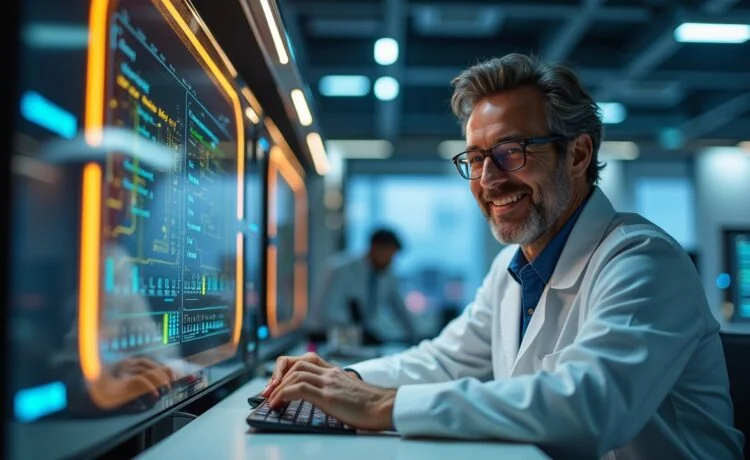 Ein strahlend helles, natürlich beleuchtetes Foto eines modernen Forschungsraums mit einem lächelnden Wissenschaftler, der konzentriert vor einem futuristischen Quantum-Computer arbeitet, umgeben von warmen Holztönen und klaren technischen Details, das eine optimistische Zukunftsperspektive im Quantencomputing vermittelt.