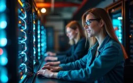 Ein warm erleuchteter High-Tech-Serverraum mit freundlichen Ingenieur:innen in moderner Arbeitskleidung, die konzentriert an leuchtenden GPU-Supercomputern arbeiten, deren filigrane Verkabelung und blitzende Hardware in natürlichem Tageslicht eine Atmosphäre von Innovation, Fortschritt und kollektiver Leidenschaft ausstrahlt.