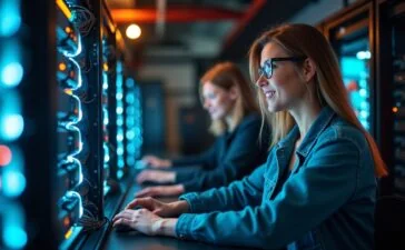 Ein warm erleuchteter High-Tech-Serverraum mit freundlichen Ingenieur:innen in moderner Arbeitskleidung, die konzentriert an leuchtenden GPU-Supercomputern arbeiten, deren filigrane Verkabelung und blitzende Hardware in natürlichem Tageslicht eine Atmosphäre von Innovation, Fortschritt und kollektiver Leidenschaft ausstrahlt.