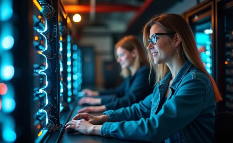 Ein warm erleuchteter High-Tech-Serverraum mit freundlichen Ingenieur:innen in moderner Arbeitskleidung, die konzentriert an leuchtenden GPU-Supercomputern arbeiten, deren filigrane Verkabelung und blitzende Hardware in natürlichem Tageslicht eine Atmosphäre von Innovation, Fortschritt und kollektiver Leidenschaft ausstrahlt.