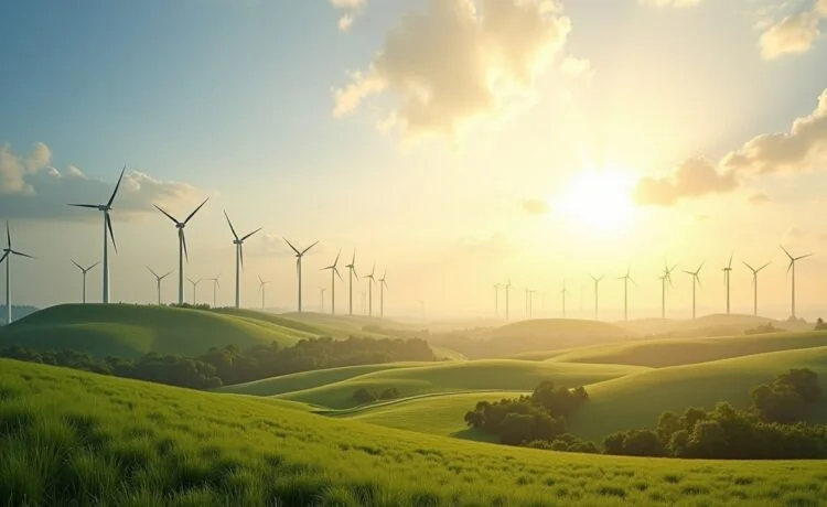 Ein strahlender sonnendurchfluteter Landschaftsausblick auf moderne Windkraftanlagen, die harmonisch neben einem futuristisch gestalteten, energieeffizienten Rechenzentrum im Main-Kinzig-Kreis stehen, umgeben von sanft grünen Hügeln und unter einem klaren, warmen Himmel, der Hoffnung und nachhaltigen Fortschritt symbolisiert.