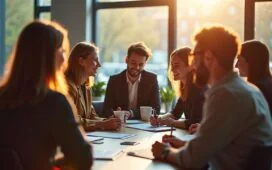 Eine warm beleuchtete, natürliche Szene in einem modernen städtischen Verwaltungsbüro in Amsterdam, in der eine diverse Gruppe von Mitarbeitenden bei einem Gespräch über datenbasierte Entscheidungen zusammenkommt – freundlich, reflektierend und menschlich, mit sanftem Tageslicht, das Hoffnung und die Bedeutung sozialer Gerechtigkeit ausstrahlt.