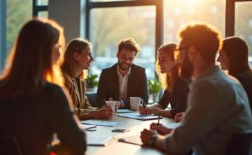 Eine warm beleuchtete, natürliche Szene in einem modernen städtischen Verwaltungsbüro in Amsterdam, in der eine diverse Gruppe von Mitarbeitenden bei einem Gespräch über datenbasierte Entscheidungen zusammenkommt – freundlich, reflektierend und menschlich, mit sanftem Tageslicht, das Hoffnung und die Bedeutung sozialer Gerechtigkeit ausstrahlt.