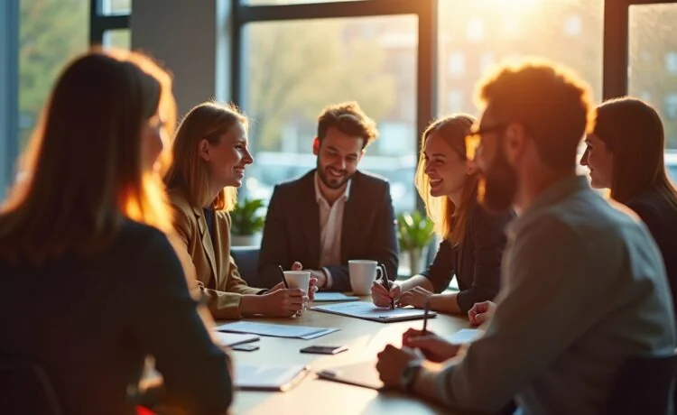 Eine warm beleuchtete, natürliche Szene in einem modernen städtischen Verwaltungsbüro in Amsterdam, in der eine diverse Gruppe von Mitarbeitenden bei einem Gespräch über datenbasierte Entscheidungen zusammenkommt – freundlich, reflektierend und menschlich, mit sanftem Tageslicht, das Hoffnung und die Bedeutung sozialer Gerechtigkeit ausstrahlt.