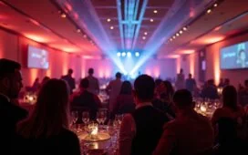 In einem warm und natürlich beleuchteten Kongresssaal in Augsburg versammeln sich gut gekleidete Gäste der IT-Branche in einem lebendigen, freundlichen Moment des Austauschs und Feierns, während die elegante Gala-Atmosphäre mit stilvollem Interieur und sanften Lichtakzenten die innovative Dynamik und den Gemeinschaftsgeist der IT-Awards 2025 eindrucksvoll widerspiegelt.