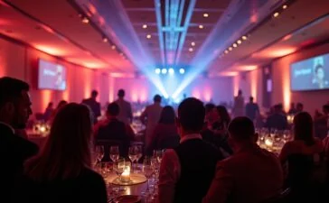 In einem warm und natürlich beleuchteten Kongresssaal in Augsburg versammeln sich gut gekleidete Gäste der IT-Branche in einem lebendigen, freundlichen Moment des Austauschs und Feierns, während die elegante Gala-Atmosphäre mit stilvollem Interieur und sanften Lichtakzenten die innovative Dynamik und den Gemeinschaftsgeist der IT-Awards 2025 eindrucksvoll widerspiegelt.