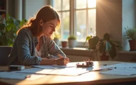 In einem hell erleuchteten, modernen Arbeitsplatz sitzt eine kreative Entwicklerin mit fokussiertem Lächeln vor einem cleanen Schreibtisch, auf dem das neue Arduino UNO Q Board von sanftem Tageslicht durchflutet wird, umgeben von technischen Skizzen und fein säuberlich arrangierten Elektronikbauteilen, die eine Atmosphäre von Innovationsgeist und warmer Produktivität ausstrahlen.