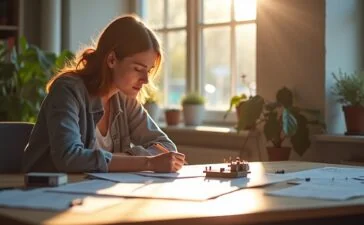 In einem hell erleuchteten, modernen Arbeitsplatz sitzt eine kreative Entwicklerin mit fokussiertem Lächeln vor einem cleanen Schreibtisch, auf dem das neue Arduino UNO Q Board von sanftem Tageslicht durchflutet wird, umgeben von technischen Skizzen und fein säuberlich arrangierten Elektronikbauteilen, die eine Atmosphäre von Innovationsgeist und warmer Produktivität ausstrahlen.