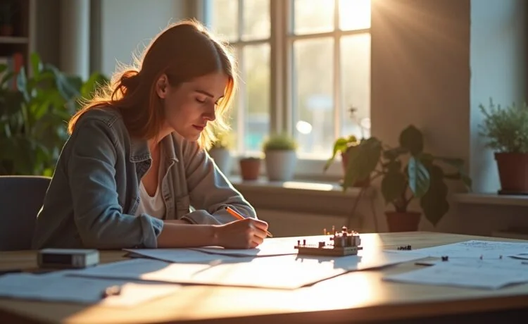 In einem hell erleuchteten, modernen Arbeitsplatz sitzt eine kreative Entwicklerin mit fokussiertem Lächeln vor einem cleanen Schreibtisch, auf dem das neue Arduino UNO Q Board von sanftem Tageslicht durchflutet wird, umgeben von technischen Skizzen und fein säuberlich arrangierten Elektronikbauteilen, die eine Atmosphäre von Innovationsgeist und warmer Produktivität ausstrahlen.