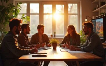 Ein sonnendurchflutetes, modernes Filmstudio mit entspannten Kreativen unterschiedlicher Herkunft, die gemeinsam am Drehbuch arbeiten und lebhaft diskutieren, während im Hintergrund helle Monitore und Kameraequipment eine Atmosphäre von Innovation und gemeinsamer Zukunftsschaffung ausstrahlen.