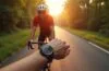 Eine helle, sonnendurchflutete Szene zeigt einen leidenschaftlichen Radfahrer auf einer ruhigen Landstraße, der entspannt auf seine elegante Huawei Watch GT 6 am Handgelenk blickt, während die natürliche Umgebung mit frischem Grün und warmen Farbtönen eine freundliche Atmosphäre voller Zuversicht und Innovation vermittelt.