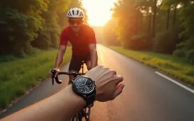 Eine helle, sonnendurchflutete Szene zeigt einen leidenschaftlichen Radfahrer auf einer ruhigen Landstraße, der entspannt auf seine elegante Huawei Watch GT 6 am Handgelenk blickt, während die natürliche Umgebung mit frischem Grün und warmen Farbtönen eine freundliche Atmosphäre voller Zuversicht und Innovation vermittelt.